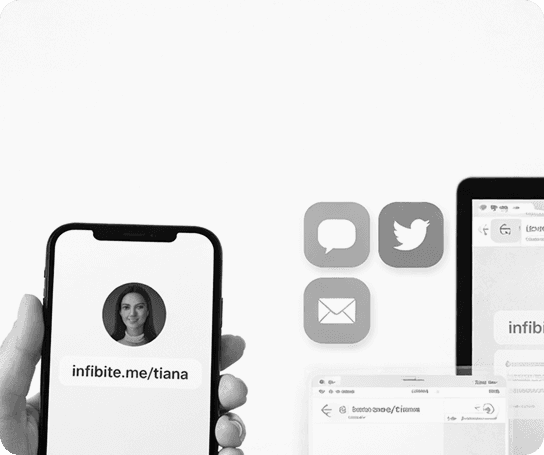 Phone showing infibite.me/tiana with social app icons